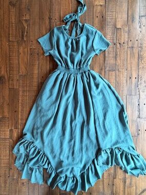 Teal High Low Ruffle Dress Girls Tie Back Boho Cottagecore Sz 12